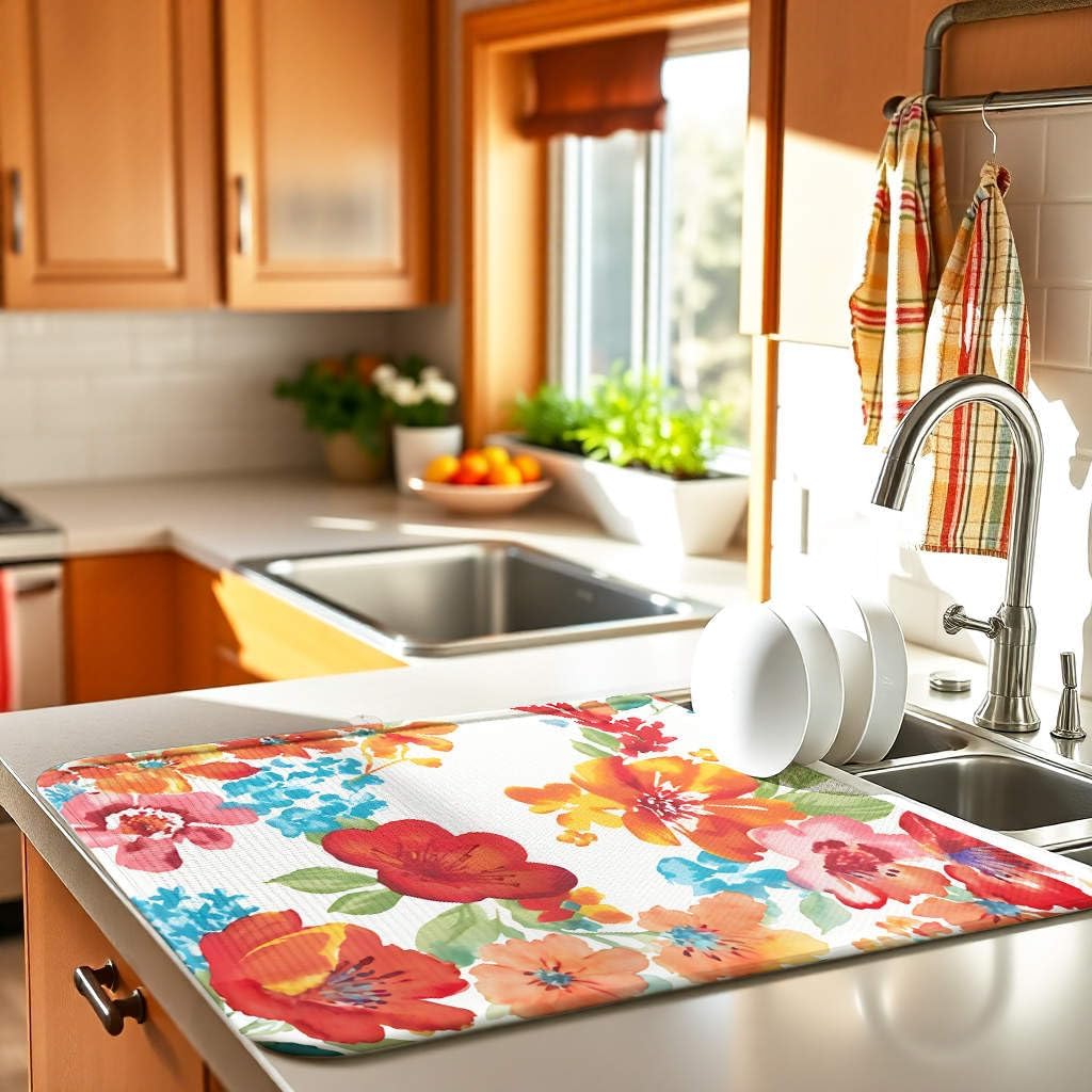 Red Floral Dish Drying Mat for Kitchen Counter Large 18x24 Microfiber Absorbent - Foldable, Non-Slip, Compact Kitchen XL Drying Mats for Dishes, Countertops, and Cookware