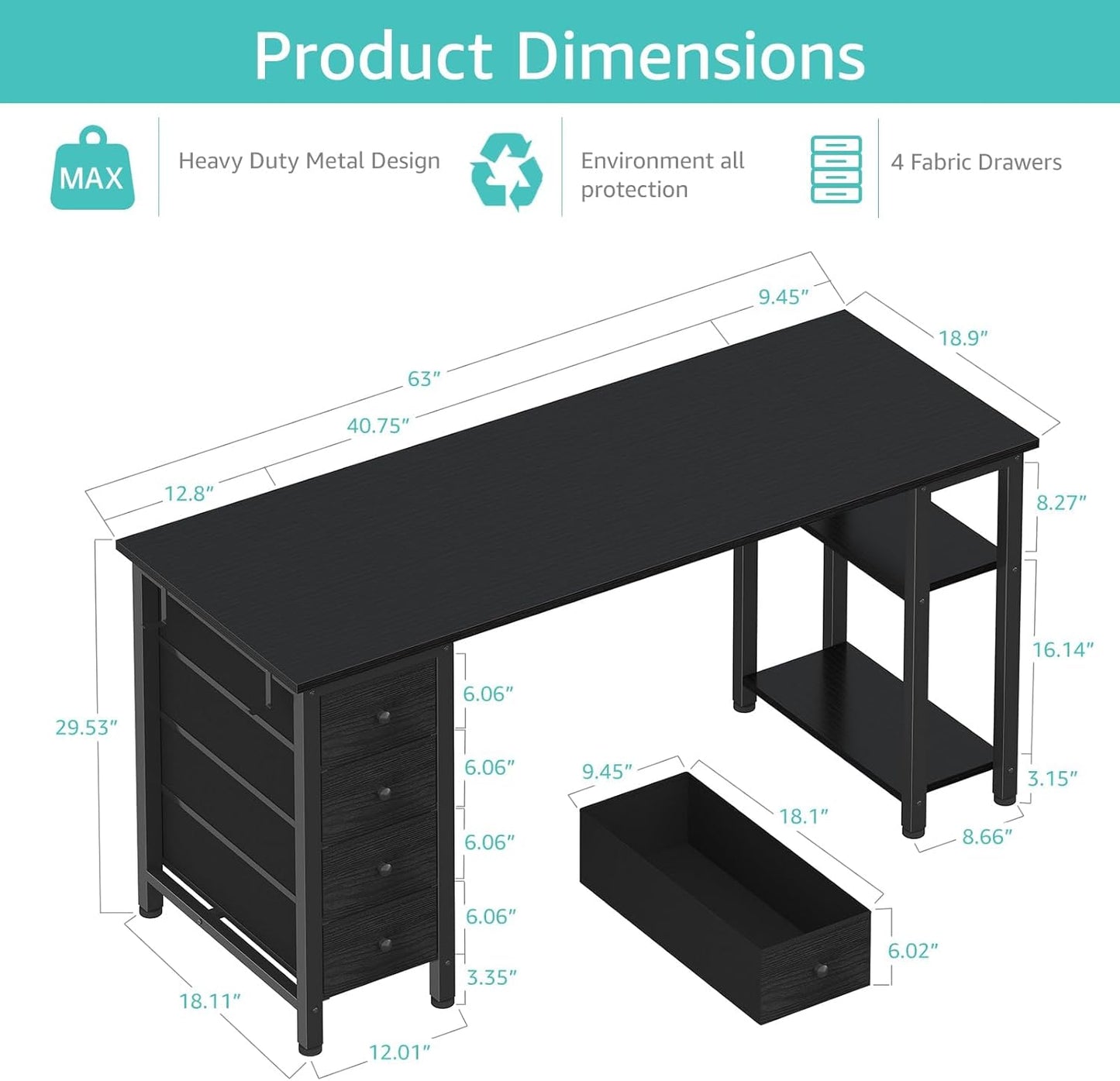 Lufeiya Gaming Desk with 4 Fabric Drawers & Storage Shelves, 63 inch Computer Writing Work Study Desk for Home Office Bedroom, Modern Simple Student PC Desks Table, Black