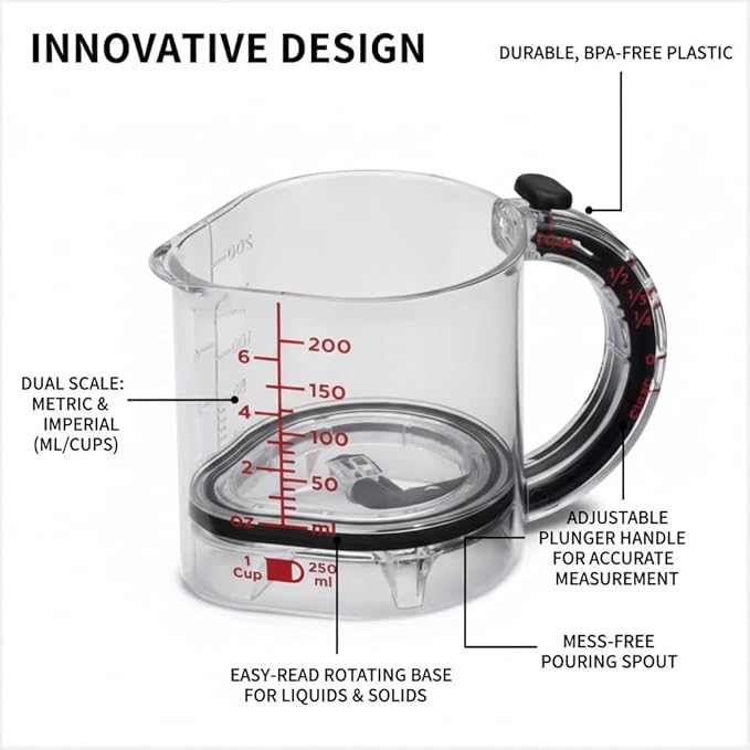 4-in-1 Adjustable Measuring Cup with Scraper Lid & Push-Up Base, Multi-function 1 Tbsp to 1 Cup Kitchen Tool for Sticky Ingredients, Baking & Cooking, Space Saving Design (Size Options) (2)