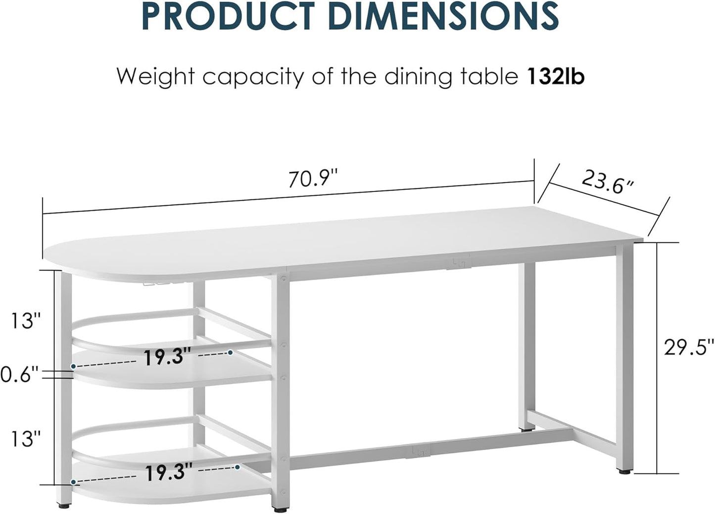 soges Dining Table for 4-6 Person, 71 inch Long Kitchen Dining Table for Living Room and Dining Room, Dinner Table with Storage Shelf & Cup Holder, Metal Legs(Only Table), White