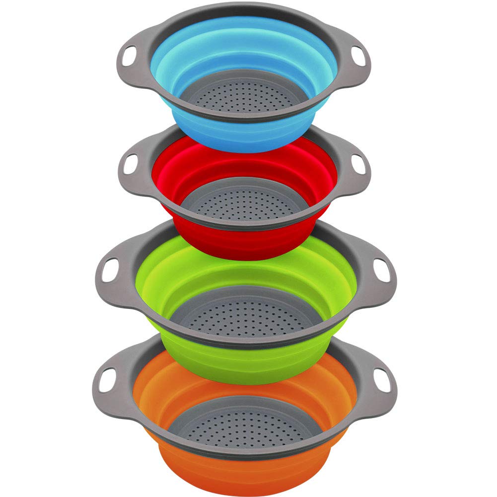 QiMH Collapsible Colander and Strainer Set of 4, 2 PC 4 Quart(1 gal) and 2 PC 2 Quart(0.5 gal), Food-grade Sturdy Plastic Base - Round Space-save Silicone Kitchen Foldable Strainer for Pasta, Veggies