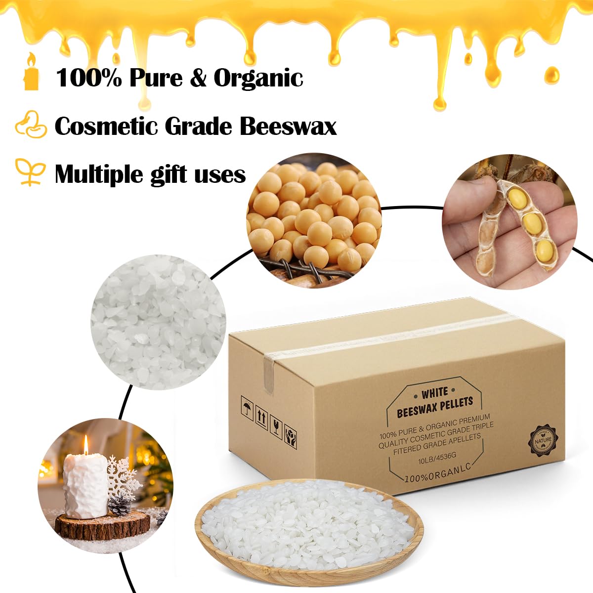 Beeswax Pellets 10LB, Organic White Bees Wax for DIY Candles, Beeswax for Candle Making, Skin, Body, Face, and Hair Care, Lotions, DIY Creams, Lip Balm and Soap Making Supplies