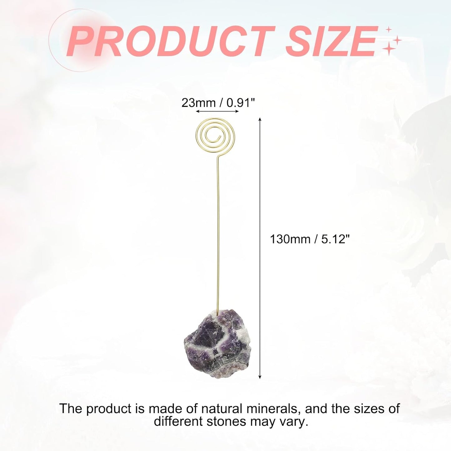 PATIKIL Table Number Holder, 1Pcs Photo Clip Holders Crystal Stone Quartz Desk Card Holder Raw Lollipop Shape Iron Memo Note Photo Stand for Wedding Party Home Office Decor, Purple
