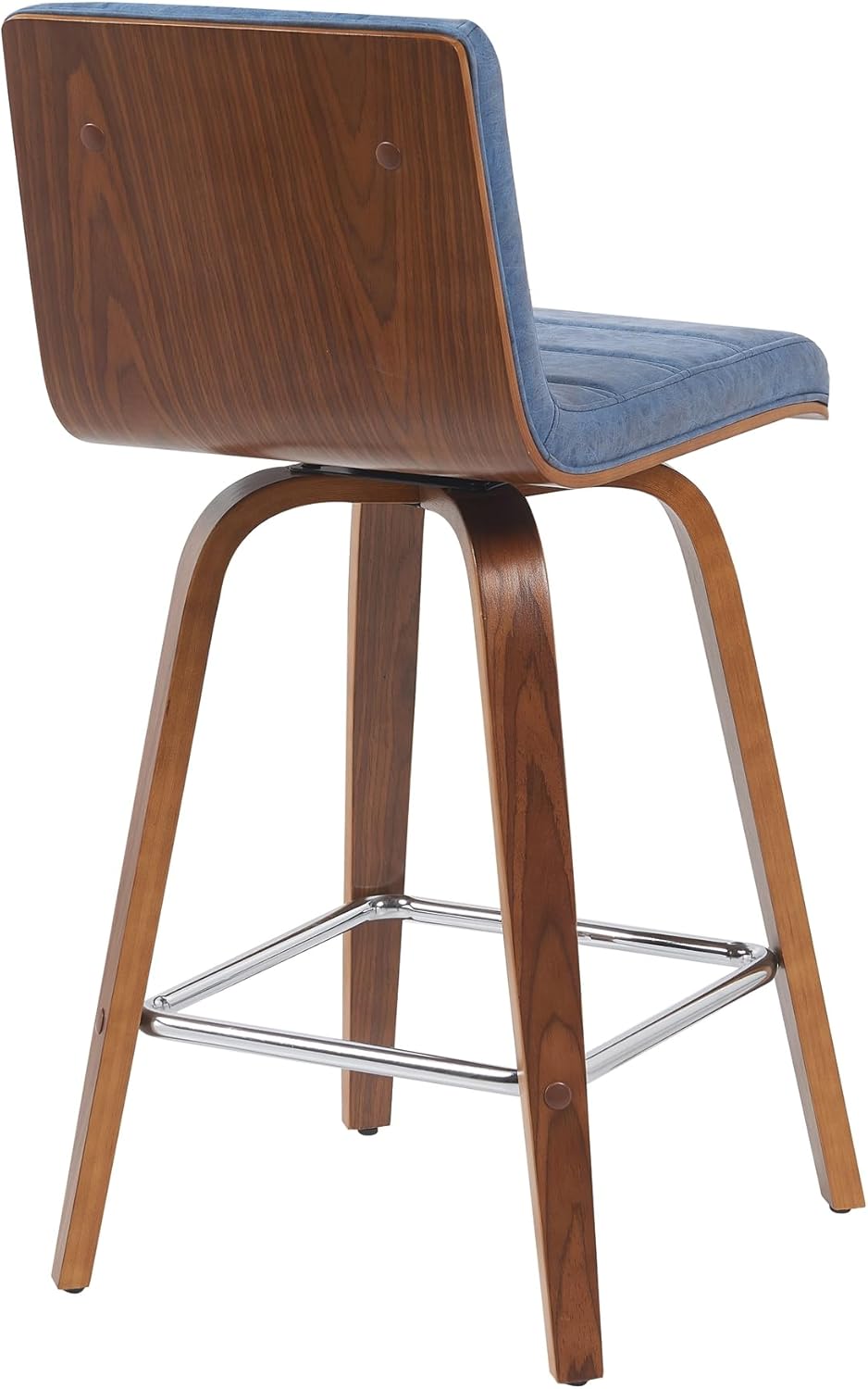 Armen Living Vienna Modern Swivel 26" Counter Height Barstool with Vintage Blue Faux Leather and Walnut Wood Finish