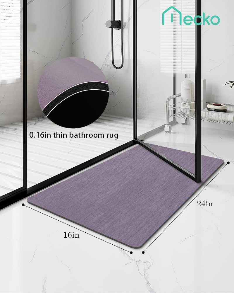 Mecko Bath Mat, Ultra Absorbent Quick Dry Bathroom Floor Mats-Rubber Non-Slip Thin Bathroom Rug Fit Under Door, Faux Suede Surface Shower Rug for Bathtub, Sink, Shower Room(Lavender Purple,16"x24")