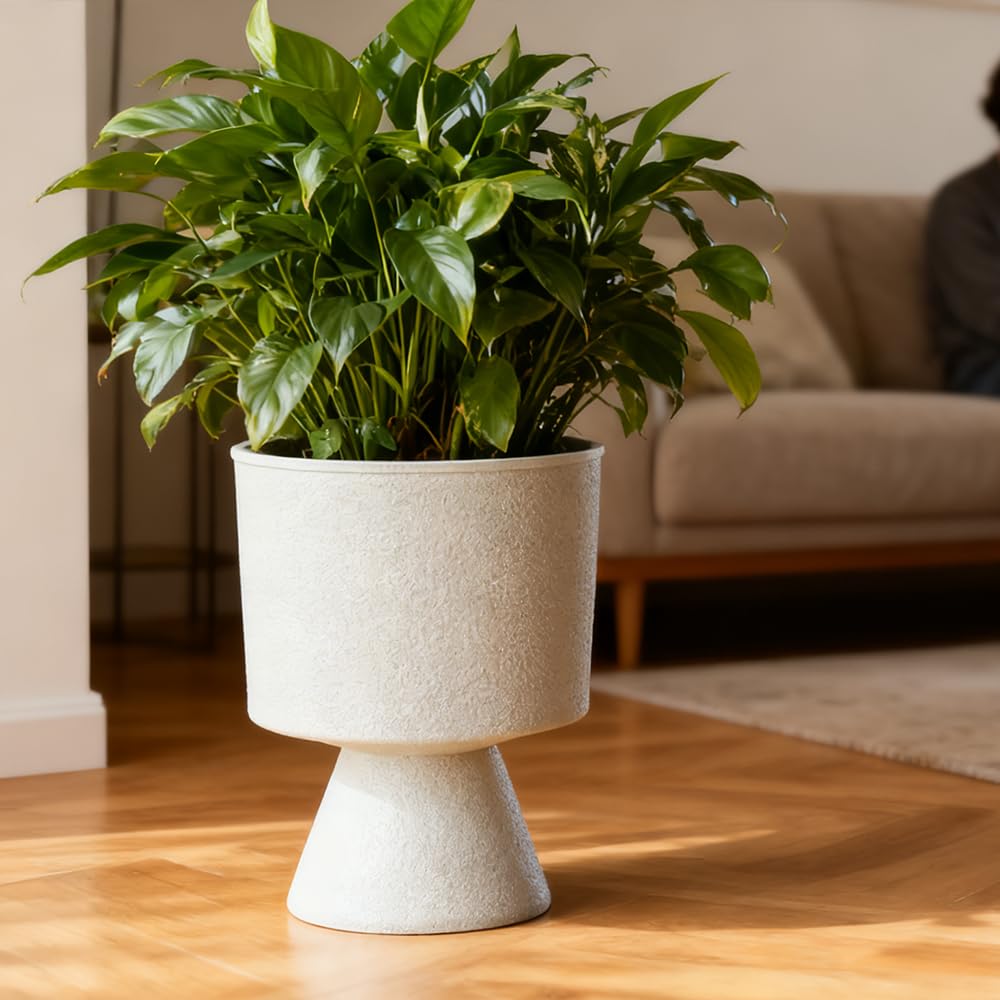 Lookat Modern Hourglass Planter, Indoor Decorative Plastic Plant Container, Textured Metal Look, Contemporary Home Garden Pot (Beige, CUP003 Small+Medium)
