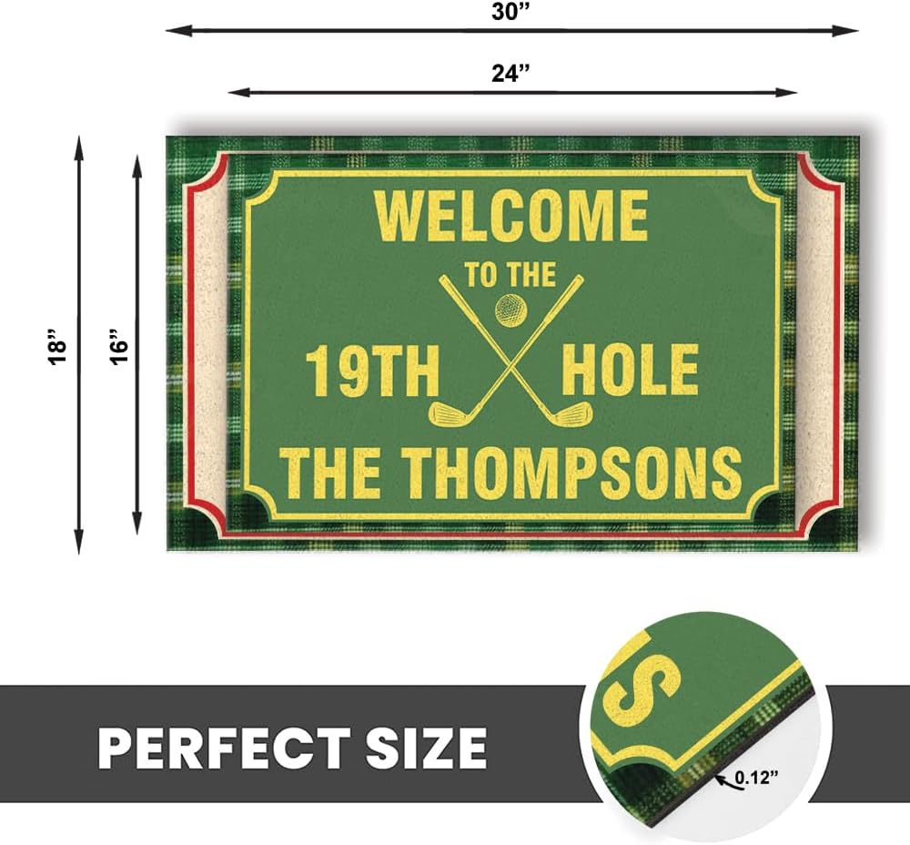 Welcome to The 19th Hole Personalized Golf Doormat – Custom Family Name Mat with Golf Clubs & Green Turf Design – Funny Non Slip Outdoor Entry Rug for Porch, Man Cave, or Home Bar Décor
