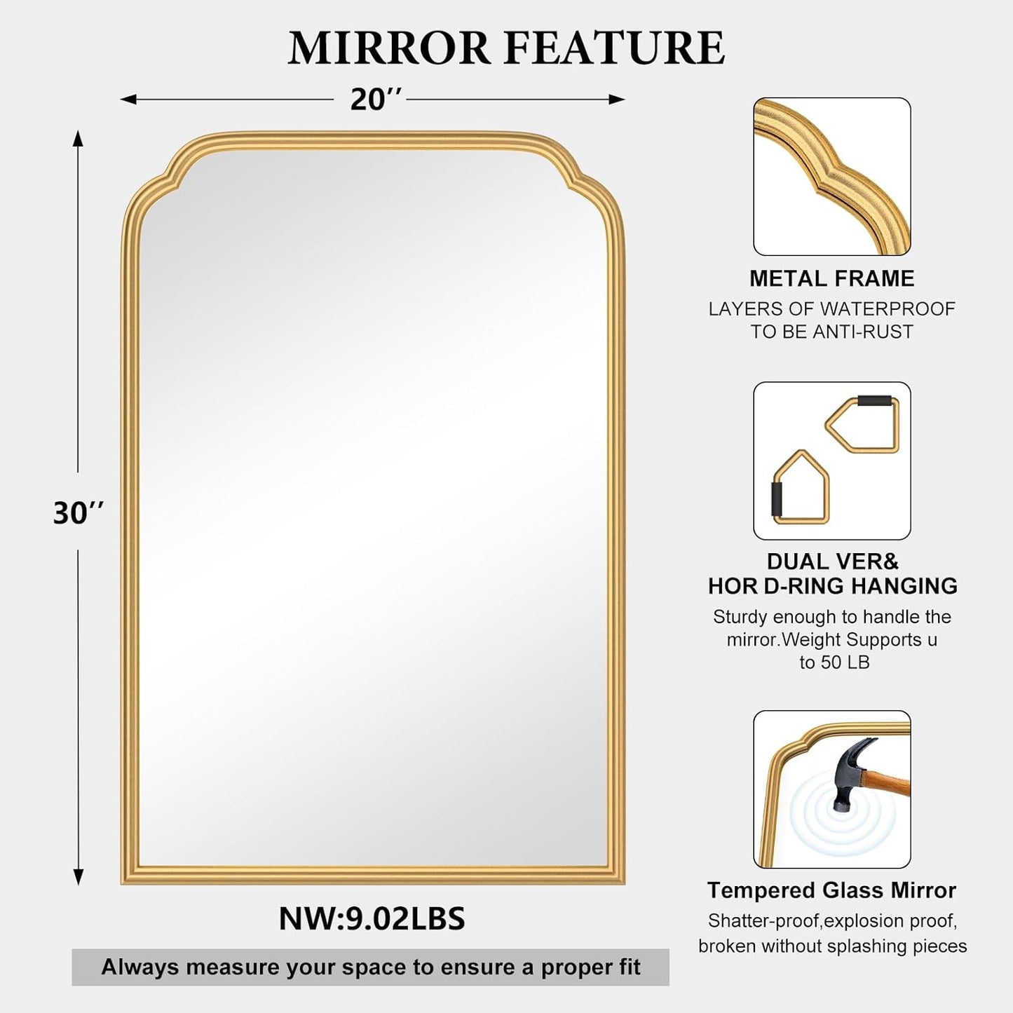 20X30 Inch Gold Bathroom Mirror for Wall, Modern Rounded Corner Rectangle Mirror with Non-Rusting Iron Metal Framed Bathroom Vanity Mirror for Over Sink Wall Decor(Tempered Glass)