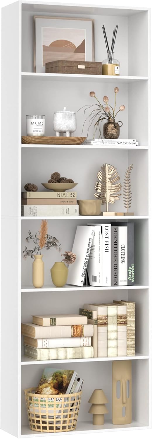 FOTOSOK 6-Tier Open Bookcase and Bookshelf, Freestanding Display Storage Shelves Tall Bookcase for Bedroom, Living Room and Office, White