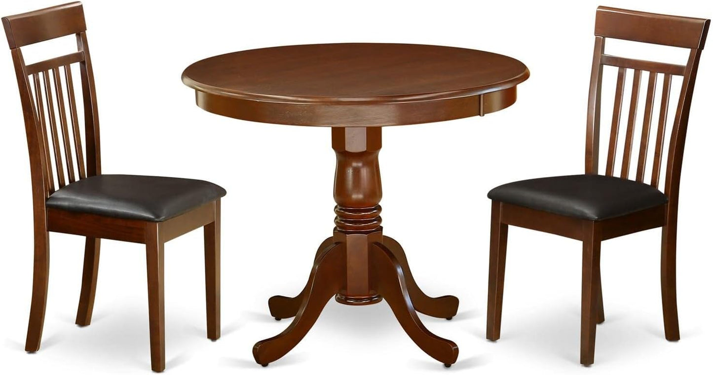East West Furniture ANCA3-MAH-LC 3 Piece Kitchen Table Set for Small Spaces Contains a Round Dining Room Table with Pedestal and 2 Faux Leather Upholstered Chairs, 36x36 Inch, Mahogany