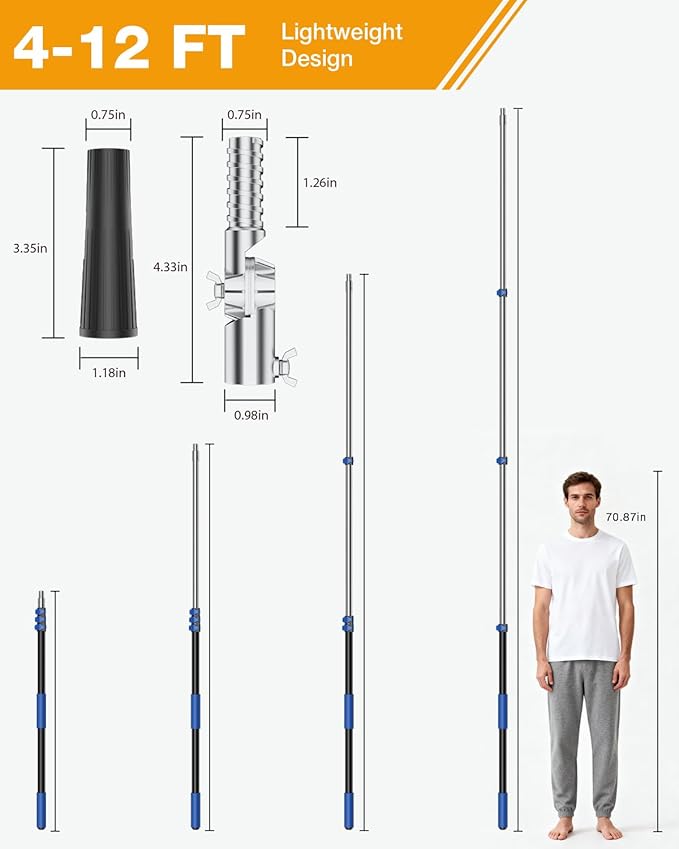 Telescoping Pole, 4-12 Ft with Joint Angle & Squeegee Adaptor, Aluminum Telescopic Paint Roller Extension Pole & Extendable Pole, Anti-Slip Foam Grip, Multi-Purpose Gutter Window Dust Cleaning Pole