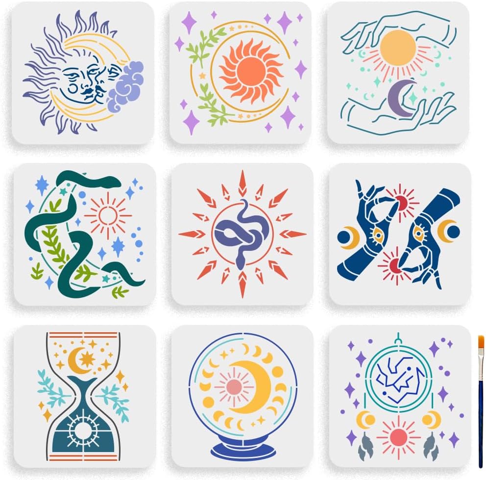 MAYJOYDIY 9pcs Sun and Moon Divination Stencil 7.8×7.8inch Divination Magic Stencils Moon Star Hands Crystal Ball Hourglass Drawing Template with Paint Brush for Art Crafts Canvas Furniture