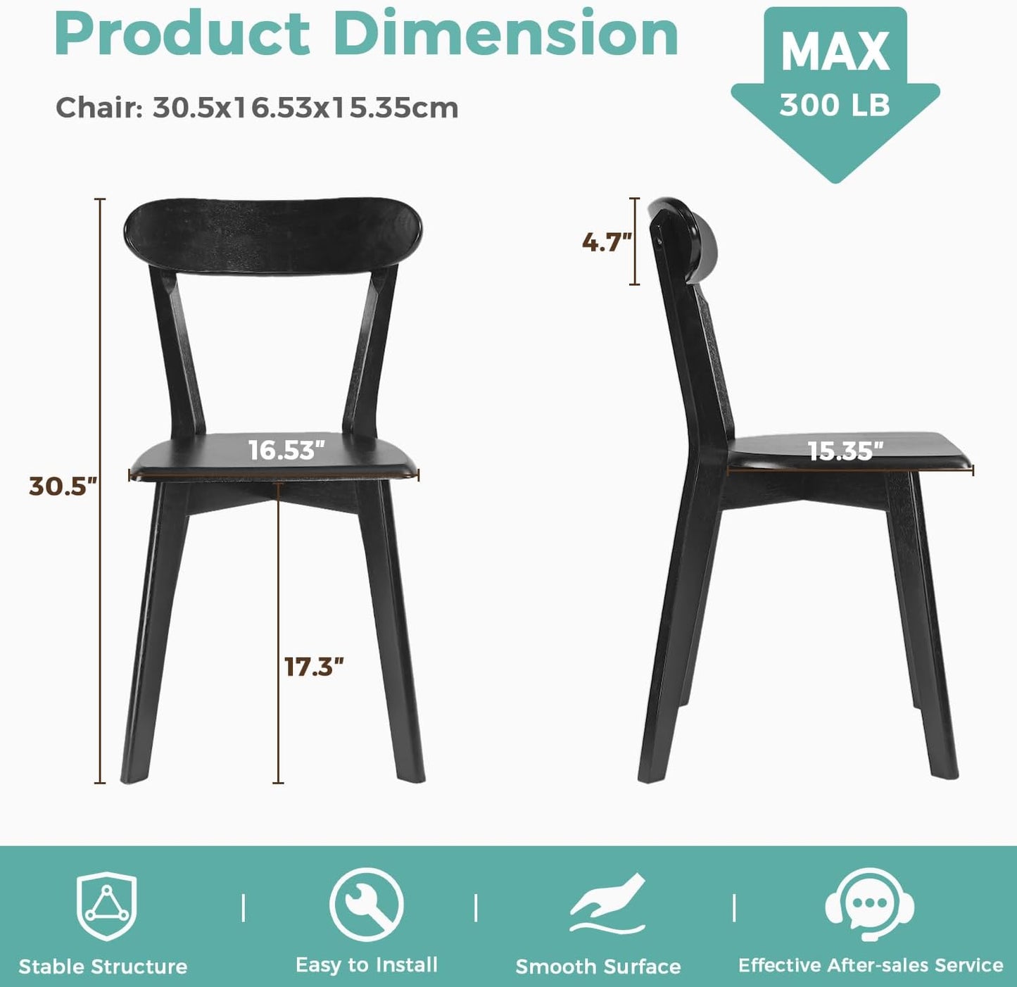 Solid Wood Dining Chairs Set of 4, Farmhouse Kitchen Chairs with Oak Backrest, Wooden Dining Room Chairs for Dining Room, Living Room, Non-Slip Foot Pads, Black