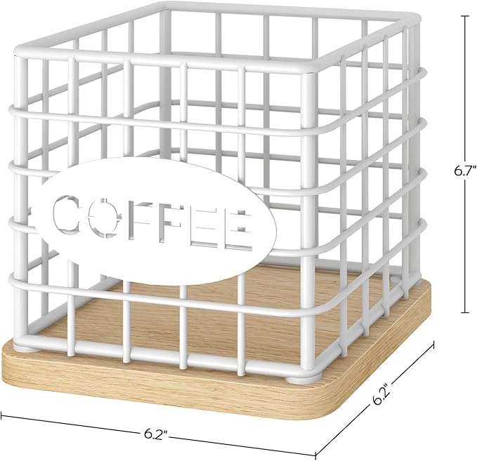 Coffee Pod Holder for K Cup, Large Capacity Coffee Pod Organizer, Versatile Coffee Capsule Storage Basket with Wooden Base, White KH10WN