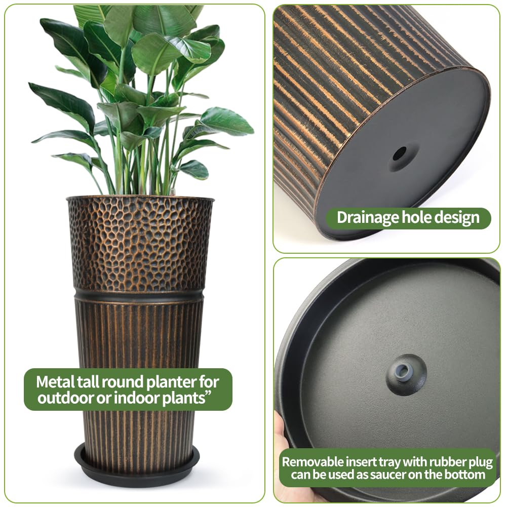 2 Pcs Pack 25 Inches Metal Tall Tapered Planter Pots Large Galvanized Steel Round Planter Flower Pot with Drainage Holes for Indoor Outdoor Deck Porch Garden Home Patio Front Door (antique copper, M)