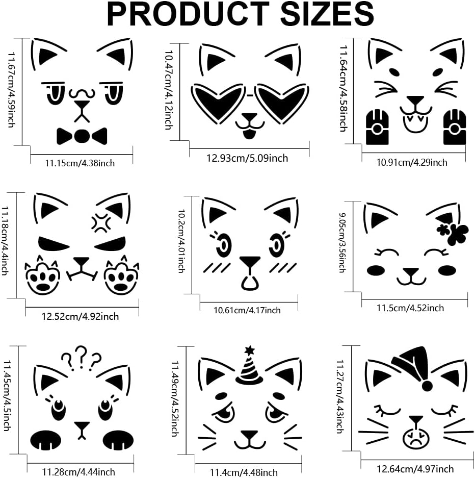 MAYJOYDIY 9pcs Cat Emotion Stencil 6×6inch Cute Cat Face Stencil Reusable Animal Pet Cat Themes Drawing Template with Paint Brush for Art Crafts Canvas Furniture Wall Wood