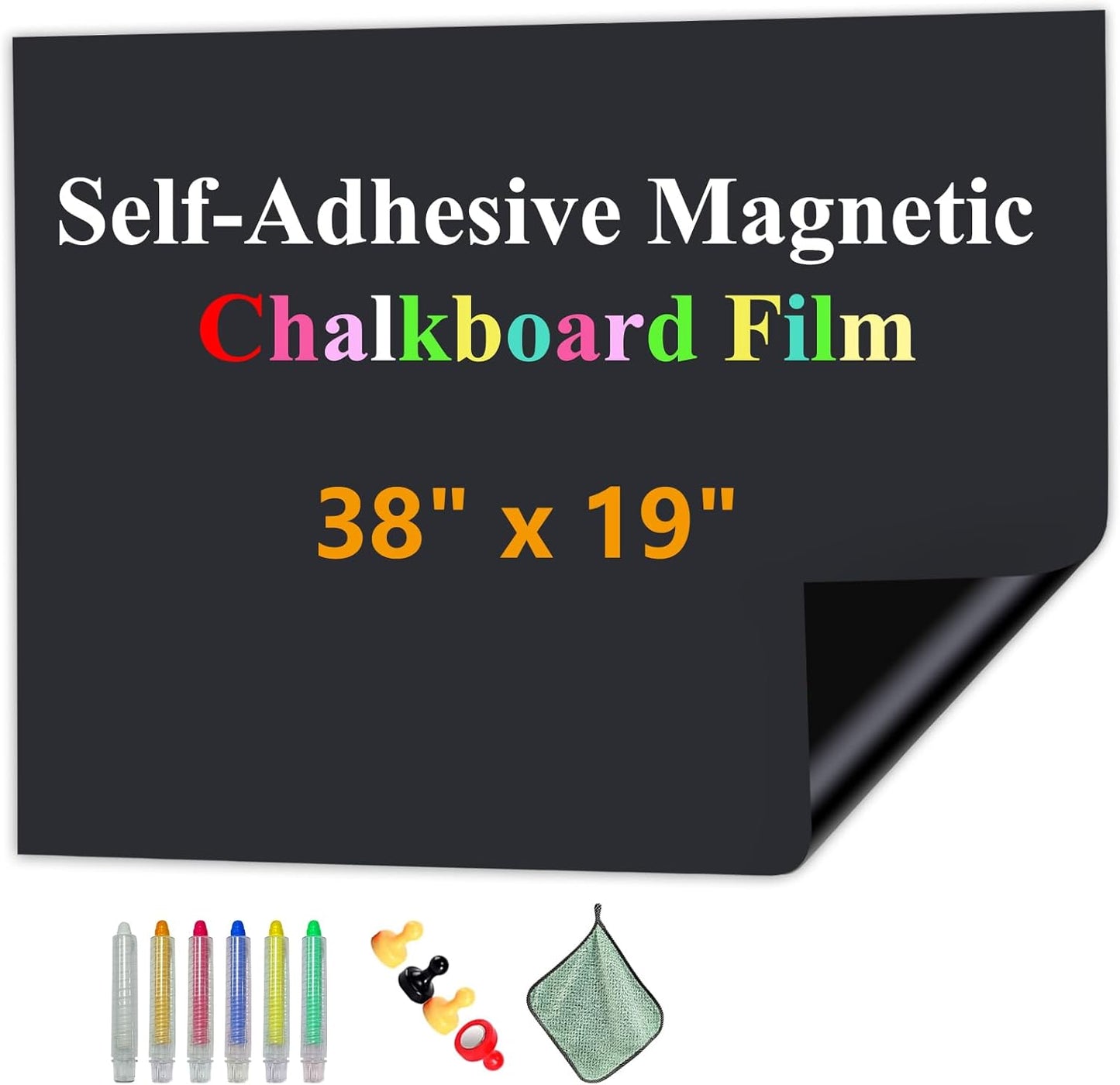 Magnetic Chalkboard Contact Paper with Adhesive, 38" x 19" Magnetic Blackboard Film for Walls, Peel and Stick – Ideal for Office, Classroom, Home. Includes Dustless Chalk, Wiping Cloth, and Magnet