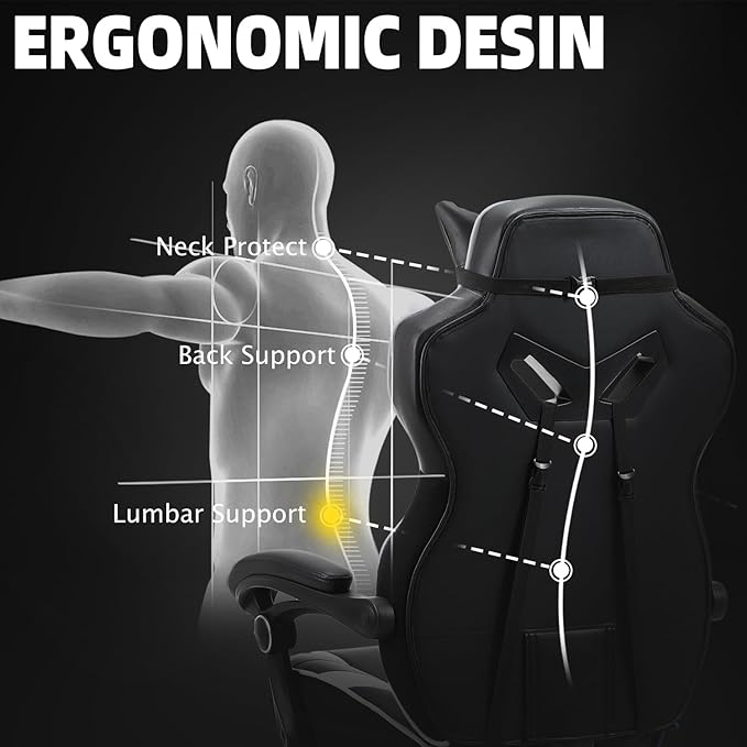 Vonesse Gaming Chair, Big and Tall Gaming Chair with Footrest and Massage, Gaming Chairs for Adults with Lumbar Support, Ergonomic High Back Computer Chair with Pocket Spring Cushion (White/Black)