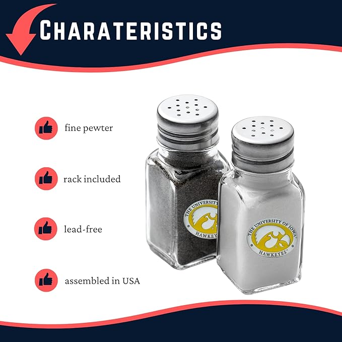 Heritage Pewter Iowa Hawkeyes Salt and Pepper Shaker Set of 2 Bottles | Expertly Crafted Pewter Glass