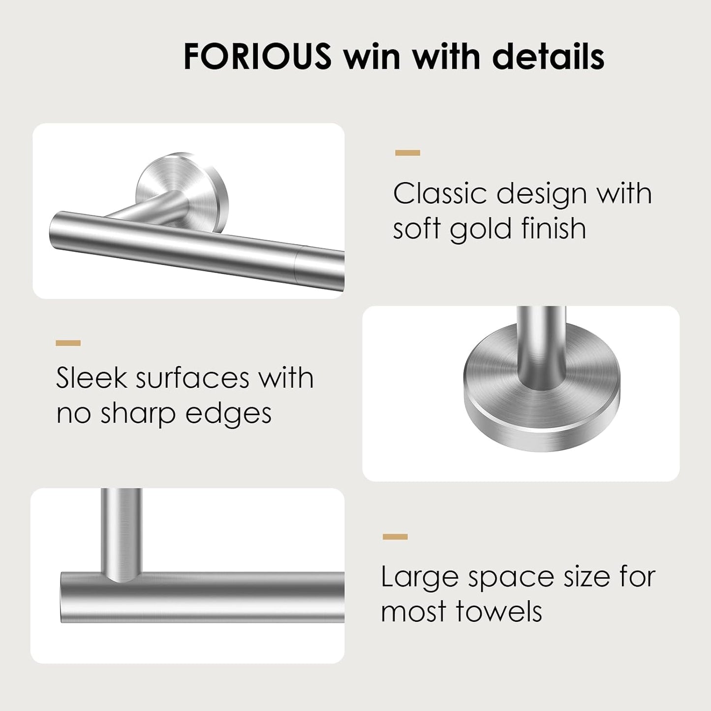 FORIOUS Towel Bar Wall Mounted, 30 Inch Stainless Steel Towel Racks for Bathroom, Includes Wall Mounting Hardware (Brushed Nickel, Total Length 32 Inch)