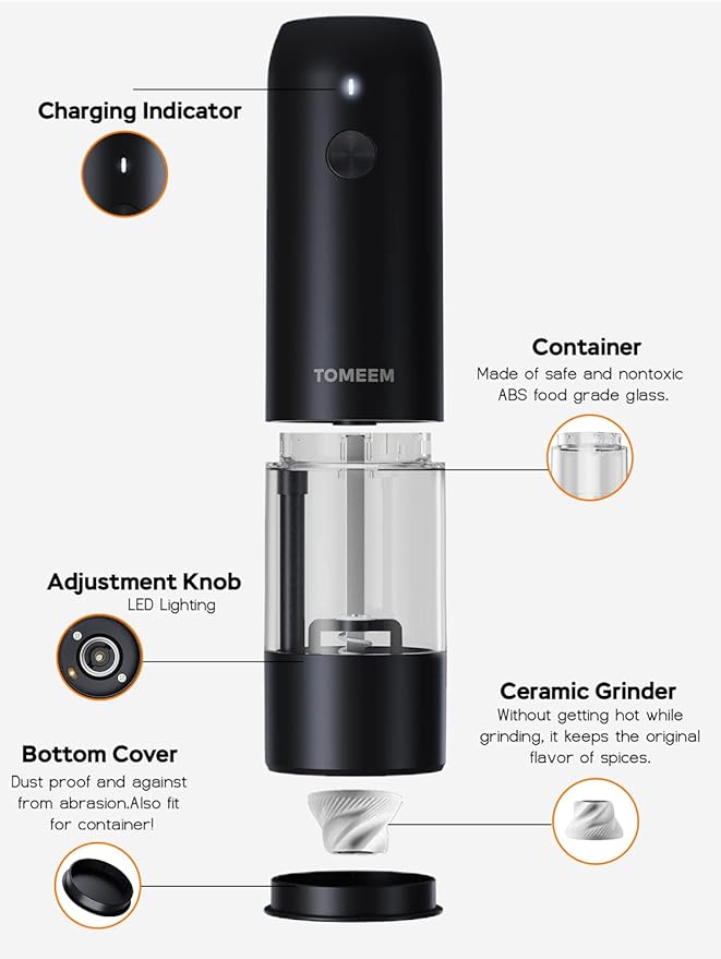 TOMEEM Electric Salt and Pepper Grinder Set with LED Lights – Rechargeable Automatic Pepper and Salt Mill with 6 Adjustable Coarseness for Kitchen, BBQ & Gifts