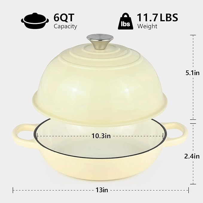 6QT Bread Dutch Oven Pot with Lid, Enameled Cast Iron Dutch Oven for Sourdough Bread Baking, Roasting, Stewing and Soup, Non-Stick Enamel Cookware for Oven/Stovetop, Perfect for Homemade Bread, Beige