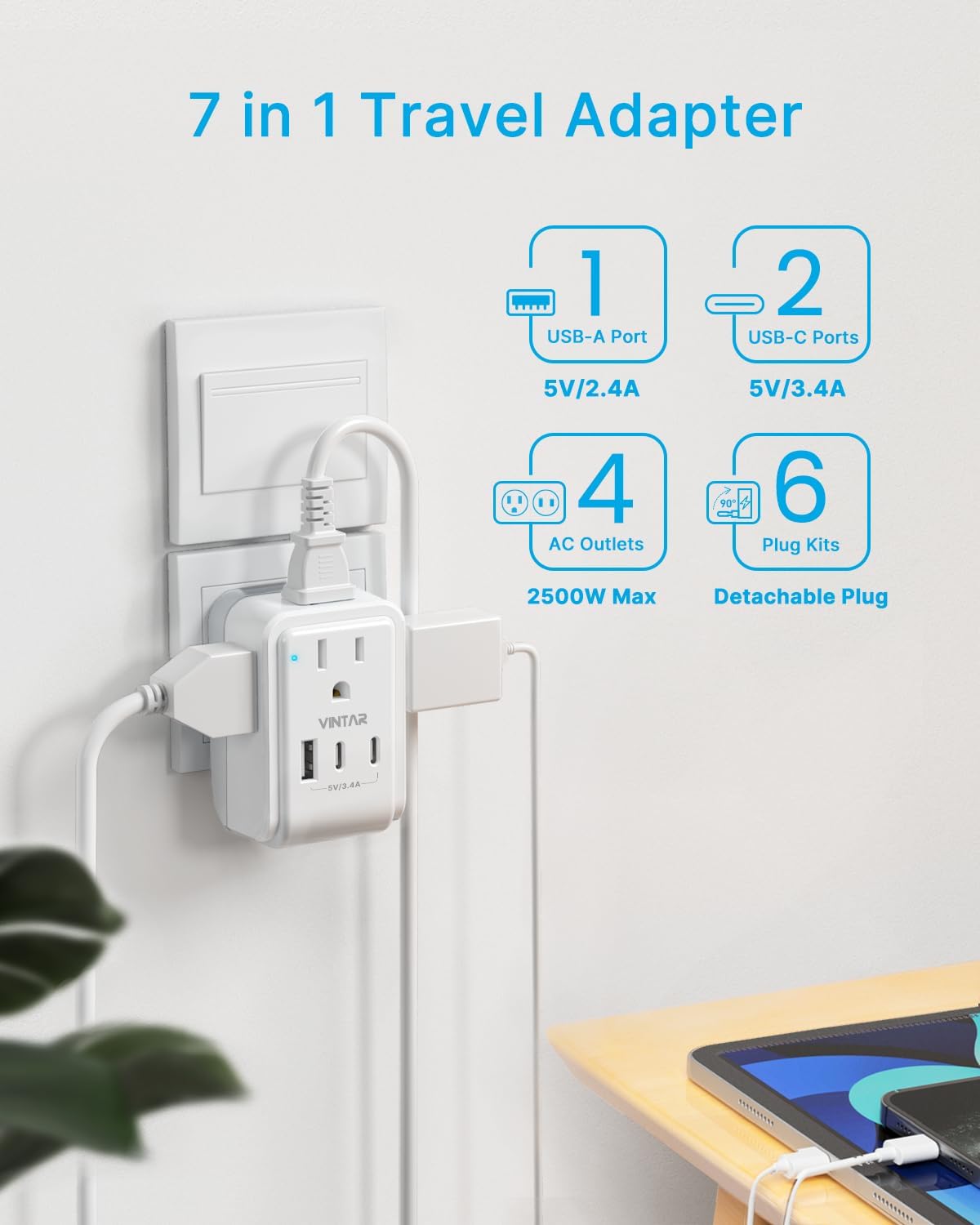 VINTAR Universal Travel Adapter Kit, International Power Adapter with 4 AC & 3 USB Ports(2 USB C), Type A,B,C,E/F,G,I, Swap Adapt Attachments, Travel Adapter Worldwide for Europe/UK/Aus/Japan/Africa
