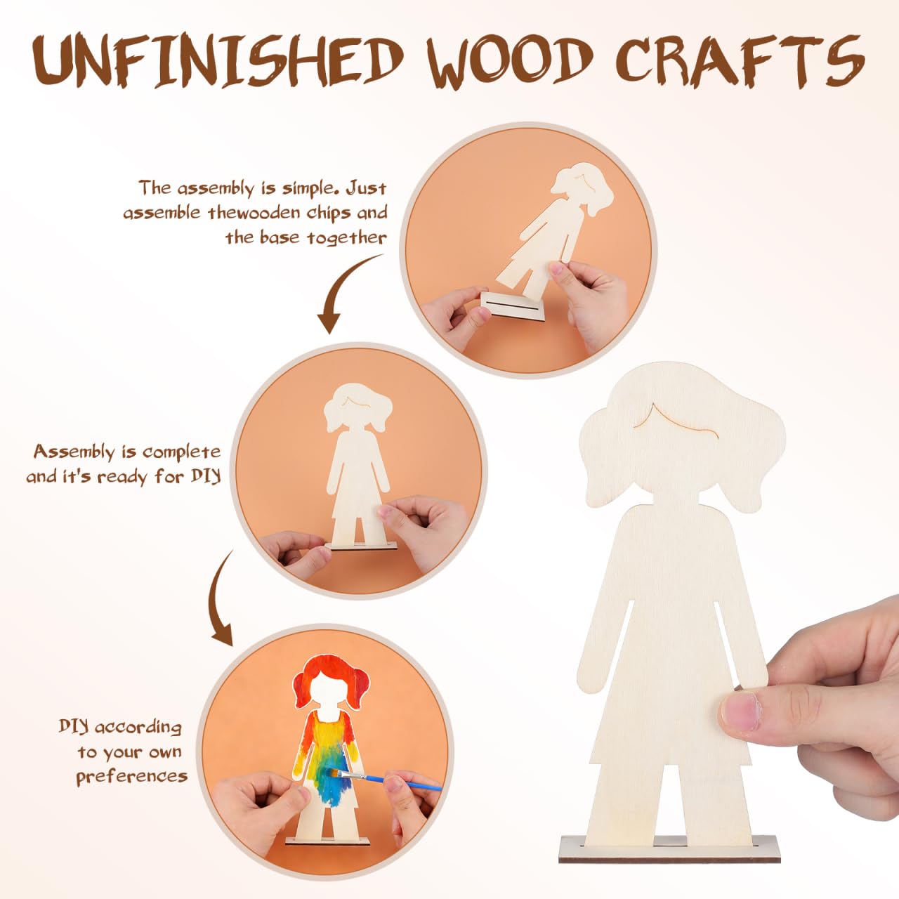 NUOBESTY 20Pcs Standing Wood People Cutouts Girls Manual Blank Wooden Shapes for Crafts Unfinished Woodslices DIY Graffiti Wooden Cutouts Human Decorations Label