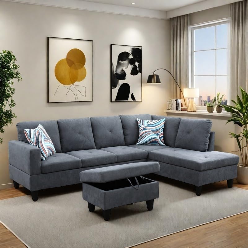 NAYSAYE L Shaped Couch, Modular Sectional Couch with Ottoman Storage, Modern Lounge Sofa Convertible Sectional Couches for Living Room, Apartment, Dark Grey