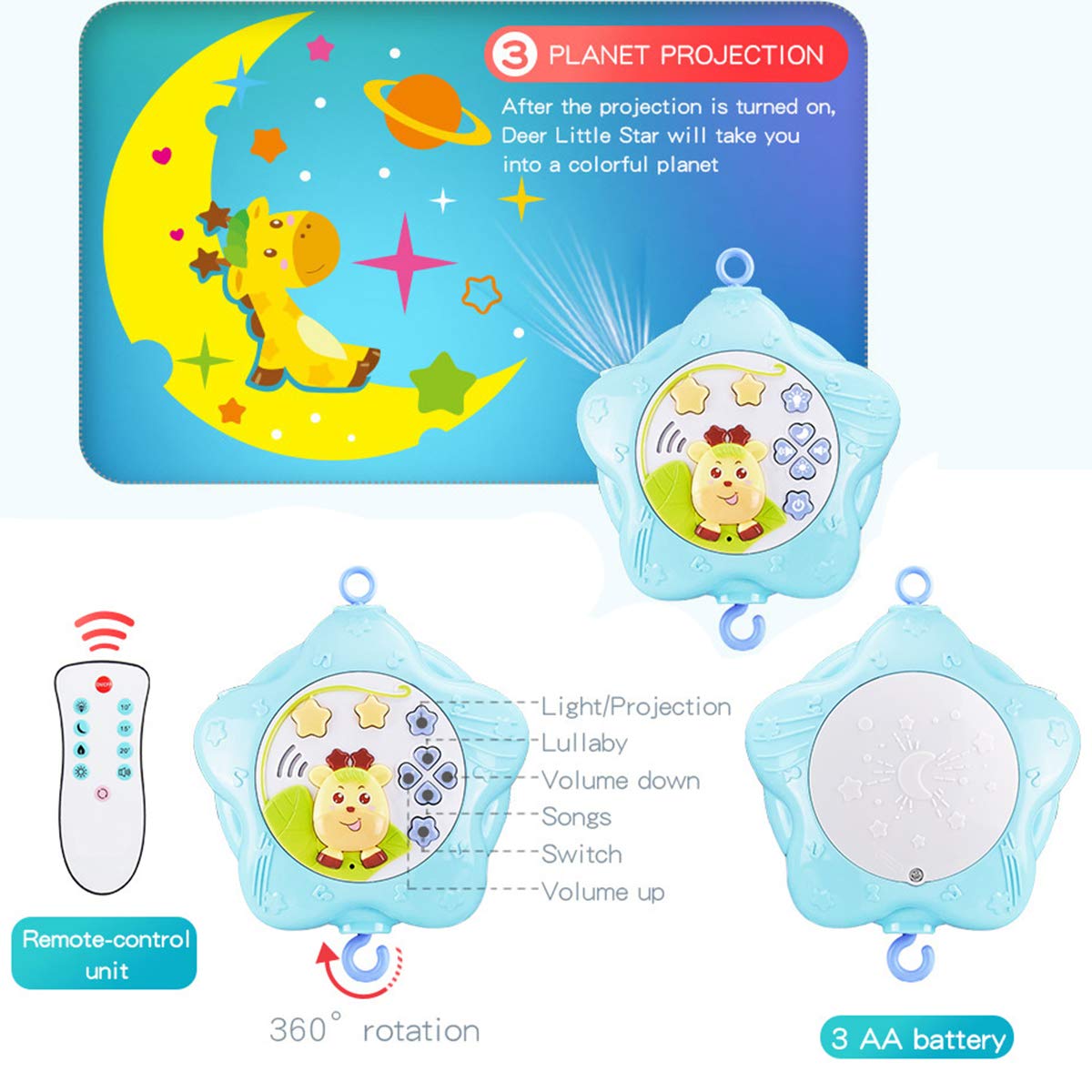 caterbee Baby Crib Mobile for Pack and Play, Crib Toys with Light and Musicial, Remote,Projector for Ages 0+ Months (Pink-Forest)