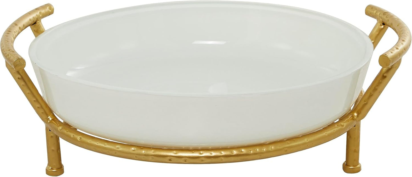 Deco 79 CosmoLiving by Cosmopolitan Glass Kitchen Serving Bowl with Gold Metal Stand, 19" x 16" x 6", White