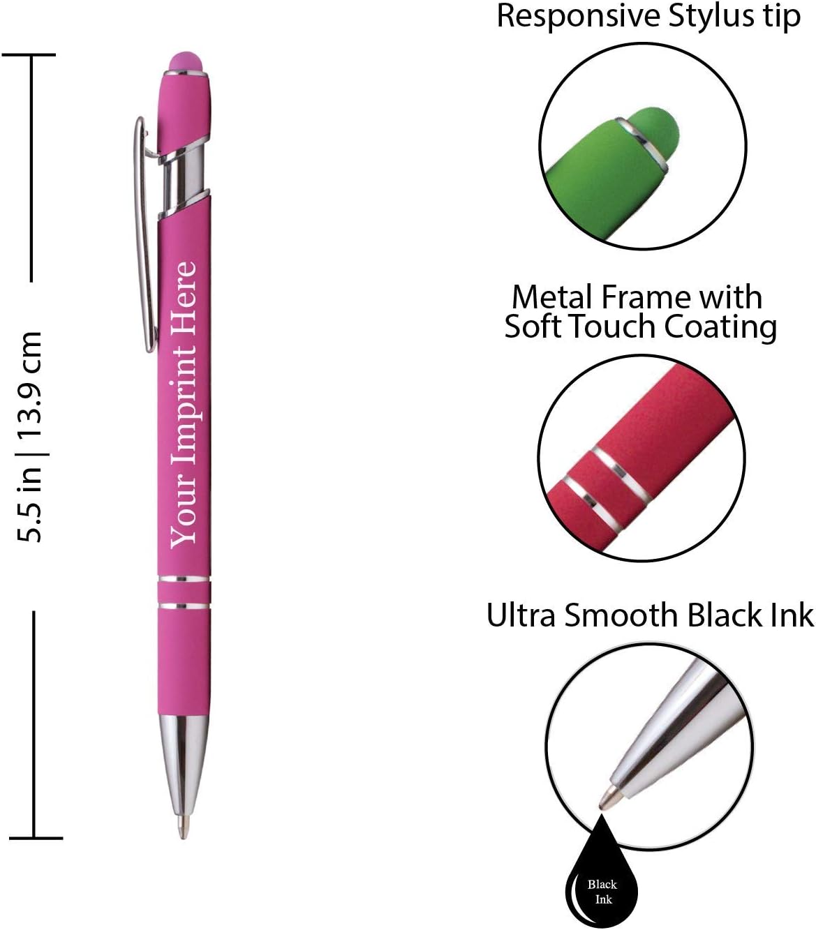 ExpressDesigns™ - Premium Custom Pens with Stylus | Burst of Color | Personalized Soft Touch Metal Printed Name Pens w/Black Ink - Imprinted w/Logo or Message - 12 pcs/pack (Pink)