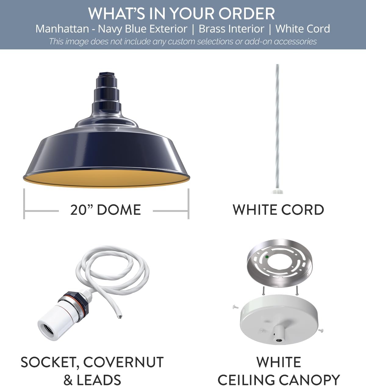 Steel Lighting Co. Manhattan Warehouse Light | Ceiling Mounted Pendant | 20 inch Dome | 4' White Cord | Large Steel Barn Light Made in America | Navy Blue Exterior/Brass Interior