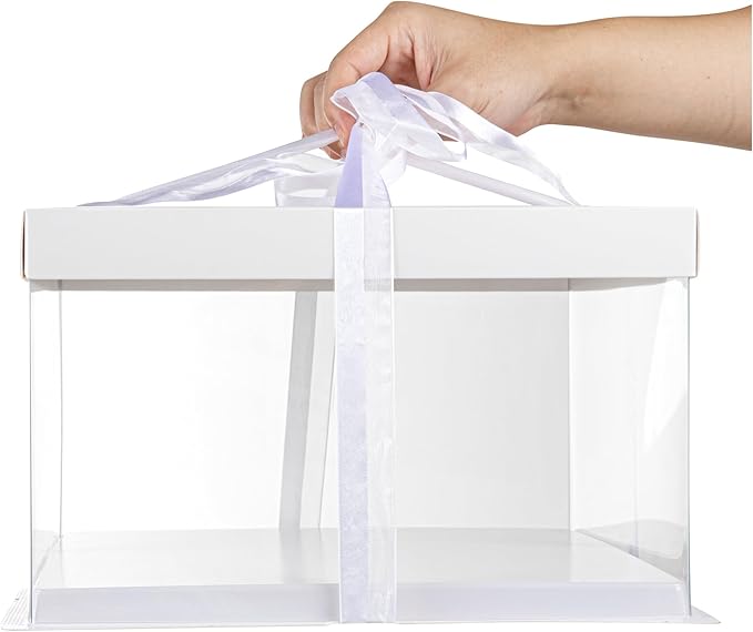 Restaurantware-Sweet Vision 10 Inch x 8.25 Inch Transparent Cake Boxes, 10 Grease Resistant Base Clear Cake Boxes - White Lid, Gray Ribbon, Plastic Birthday Box, For Weddings Or Birthdays