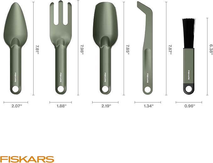 Fiskars 5-Piece Cultivating Tool Set for Indoor Plants – Stainless Steel Scoop, Trowel, Cultivator, Tongs & Brush, Space-Saving Nesting Design for Houseplants, Succulents & Cacti