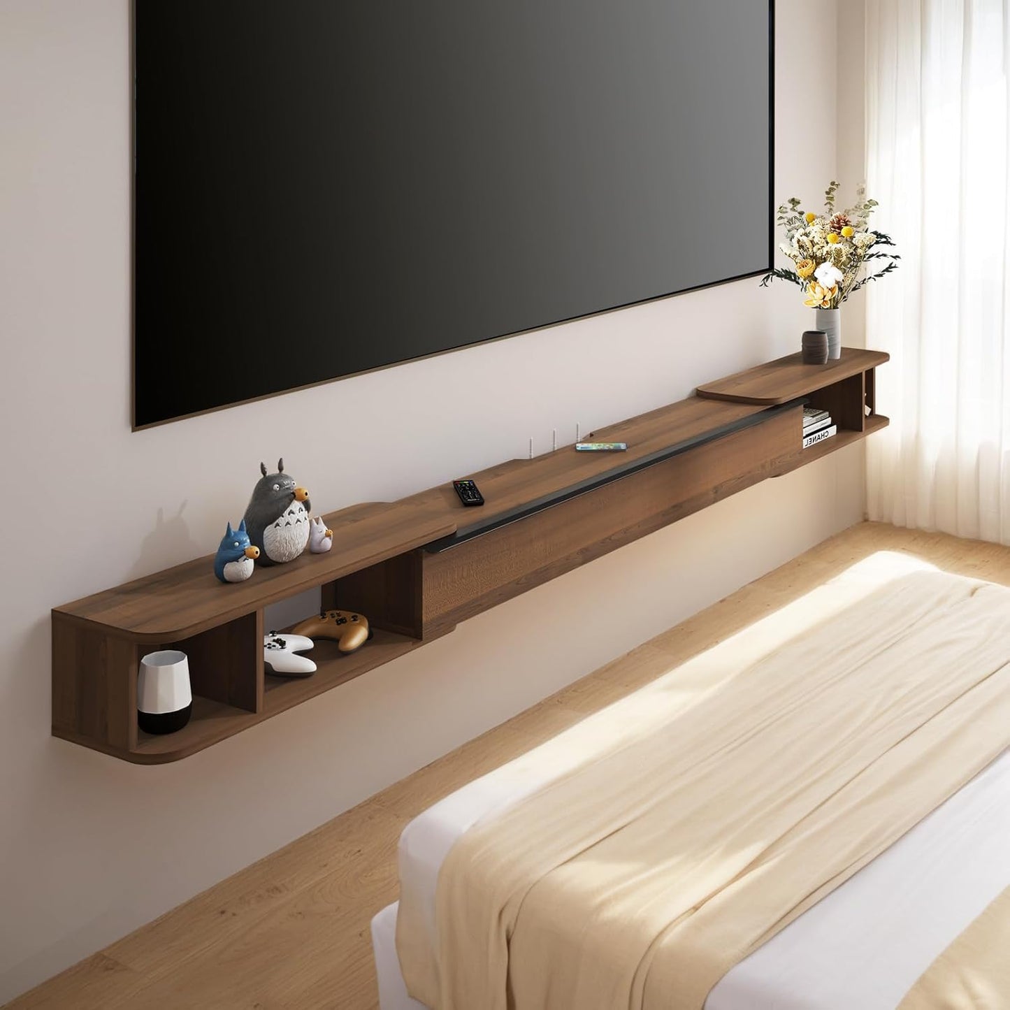 Pmnianhua Retractable Length Floating TV Stand,Minimalist Floating TV Shelf,Wall Mounted TV Console,Adjustable 87'' to 122'' Floating Entertainment Center with Storage for Bedroom Living Room(Walnut)