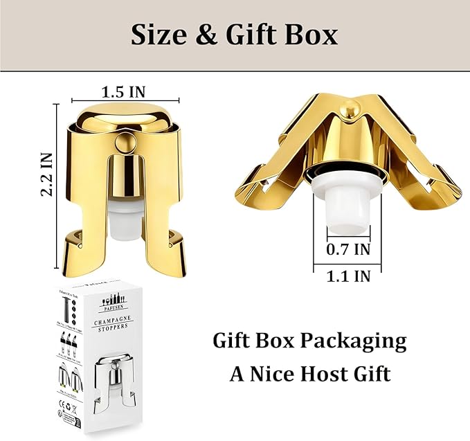 Champagne Stoppers for Bottles, Pafusen Champagne Sealer Stopper, Stainless Steel Champagne Cork Stopper Toppers, Saver for Champagne Cava Prosecco Sparkling Wine (Champagne -3-Pack- Gold)