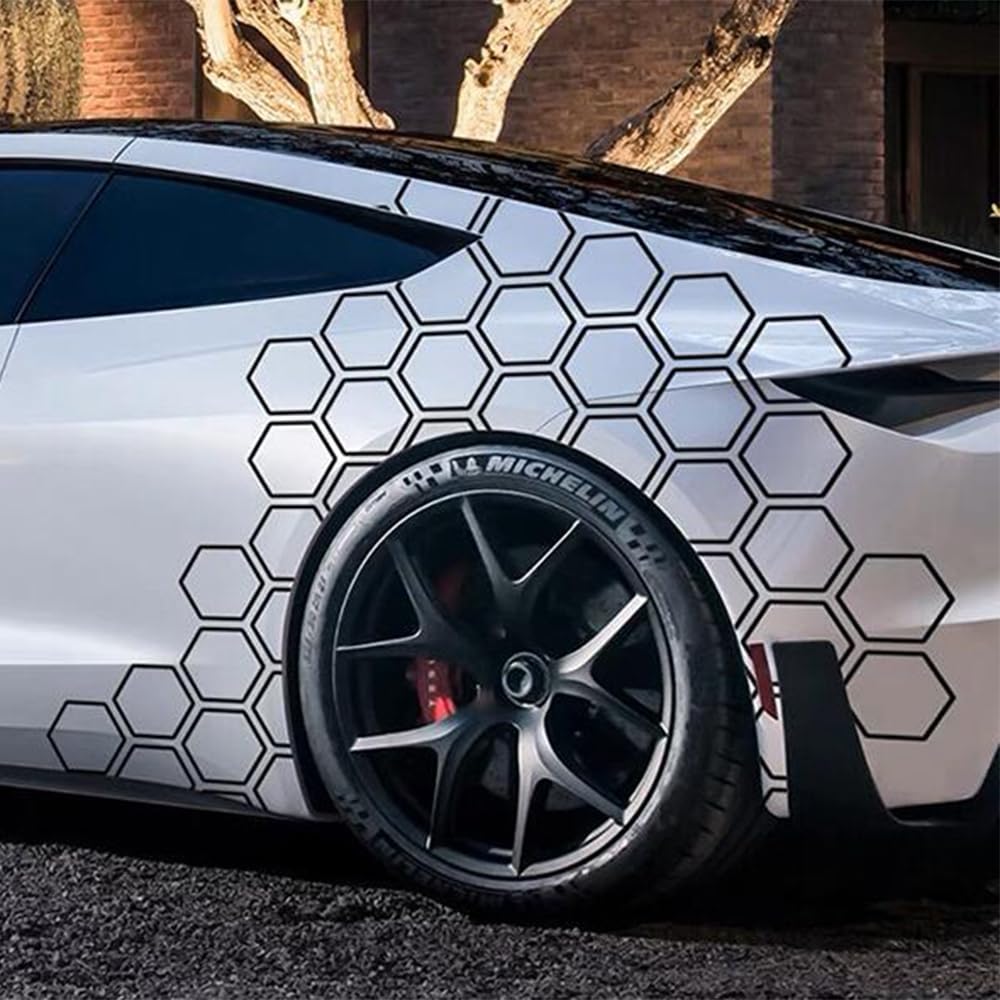 JSCARLIFE 48 Grids Honeycomb Car Decals - Waterproof PVC Body Stickers for Car, SUV, Truck & Van - DIY Decorative Graphics for Door, Hood & Side Panels (53.5x22.8inch (Black))
