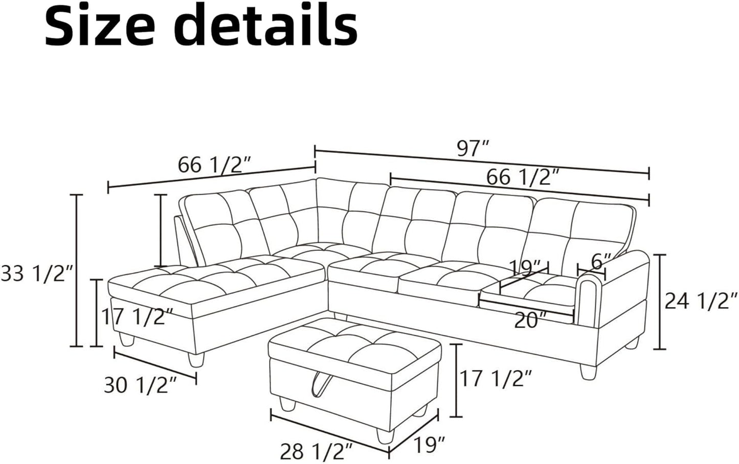 L Shaped Sectional Couches for Living Room, Modern Modular Sectional Sofa with Ottoman Storage, Comfy L Shaped Couch with Chaise for Bedroom Apartment Furniture, Black