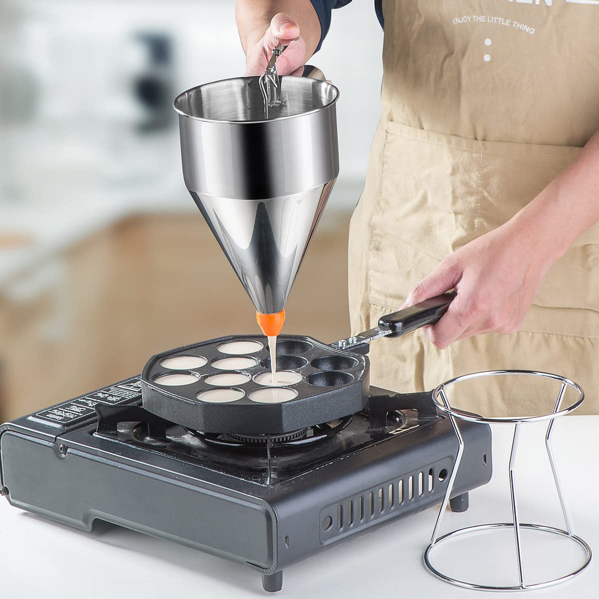Choxila 40oz Pancake Batter Dispenser, Stainless Steel 4 Caliber Funnel Cake Dispenser with Stand Great for Pancakes, Cupcakes and Baked Goods