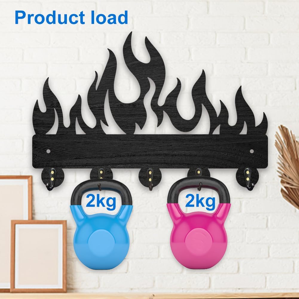 MAYJOYDIY Wooden Flame Key Holder Wall Mount 11.8 x 7.8 inches Fire Key Hanger Wall Art Decor Burning Flame Key Organizer Rack with 5 Alloy Hooks for Entryway Bedroom Living Room Office