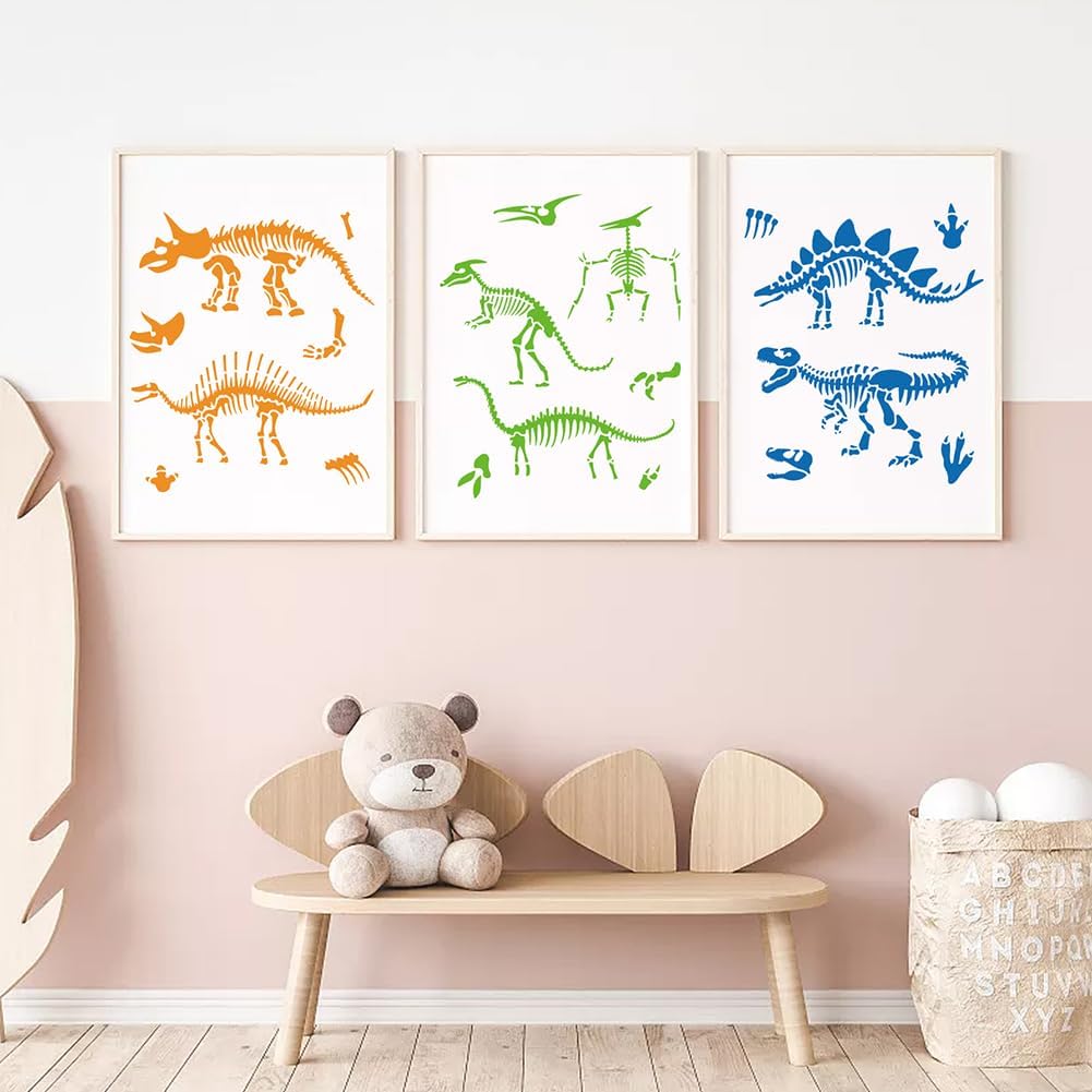 MAYJOYDIY 3pcs Dinosaur Skeleton Stencil Template Stegosaurus Triceratops Tyrannosaurus Rex Stencils 11.8×11.8inch with Paint Brush Dinosaur Footprint Stencils for Painting DIY Craft Window Wood