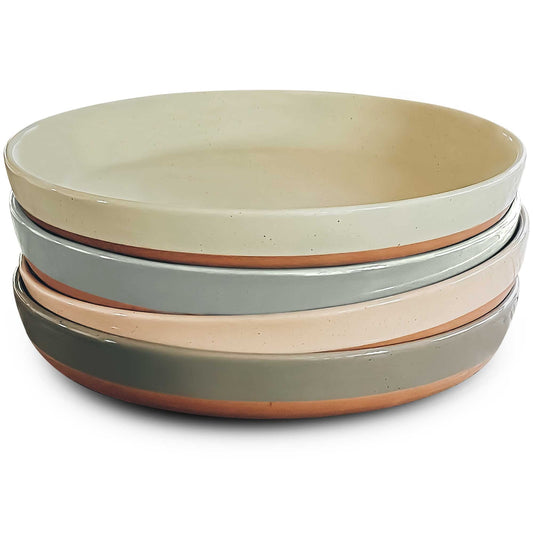 MORA Ceramic Flat Pasta Bowl Set of 4-35oz, Microwave Safe Plate with High Edge - Modern Porcelain Dinnerware for Kitchen and Eating, Large Wide Bowls/Plates for Serving Dinner, Salad, etc- Neutrals