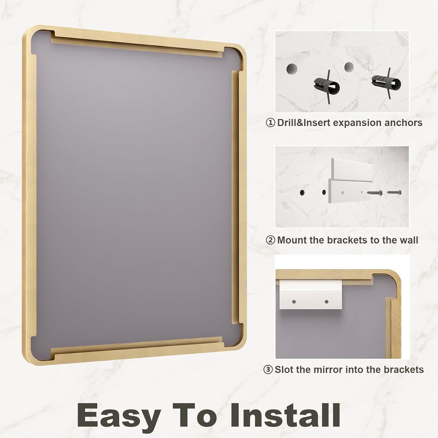 24x36 Inch Gold Framed Bathroom Mirror, Brushed Gold Metal Vanity Mirror, Gold Rectangle Mirror for Wall, Rounded Corner, Tempered Glass, Anti-Rust, Shatterproof (Horizontal/Vertical)