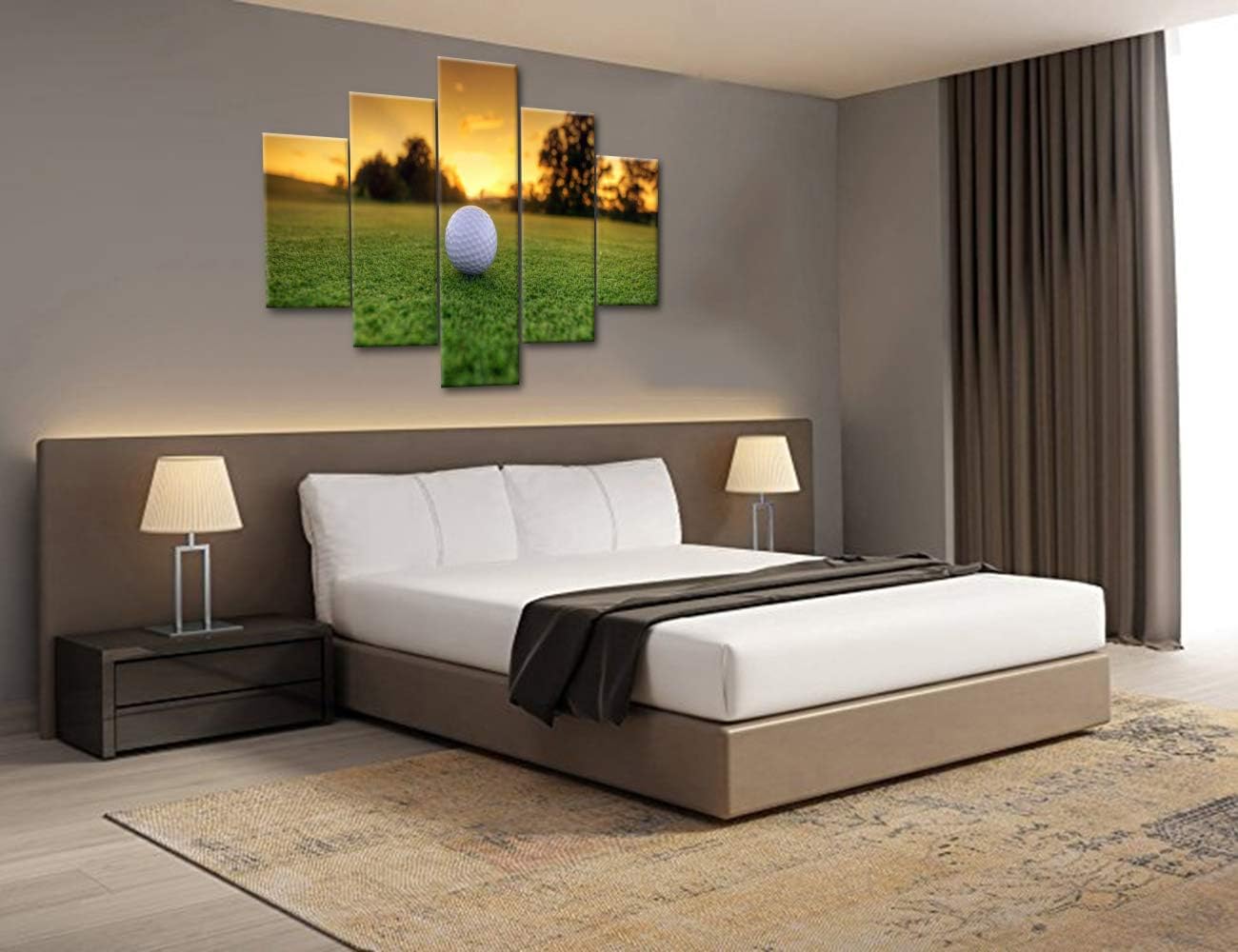 Wall Pictures for Living Room Golf Course Sunset Scenery Paintings White Golfball Artwork Gallery-Wrapped 5 Panel Prints Canvas Wall Art Modern Home Decor Framed Stretched Ready to Hang(60''Wx40''H)