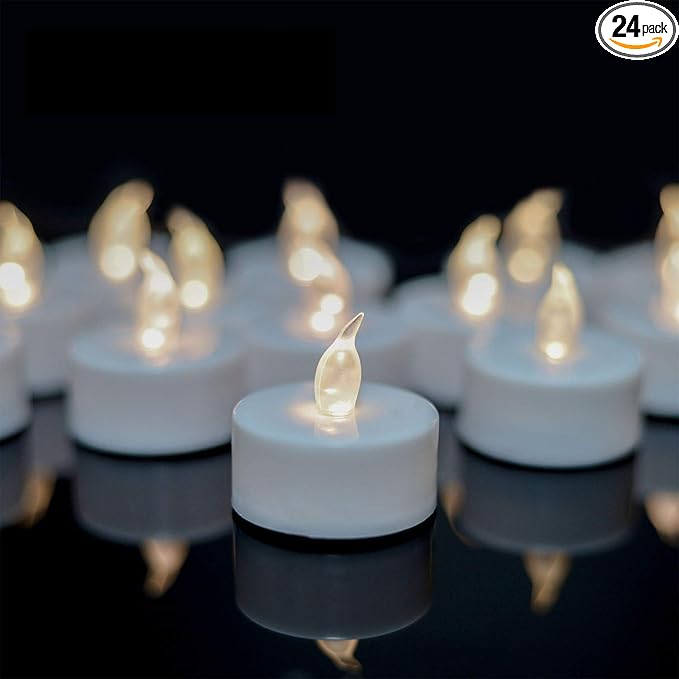 YIWER Battery Tea Lights Candles Set of 24: Flickering flameless Realistic Tealights with Warm White Light Candle Light for Festivals Parties Halloween Warm Atmosphere