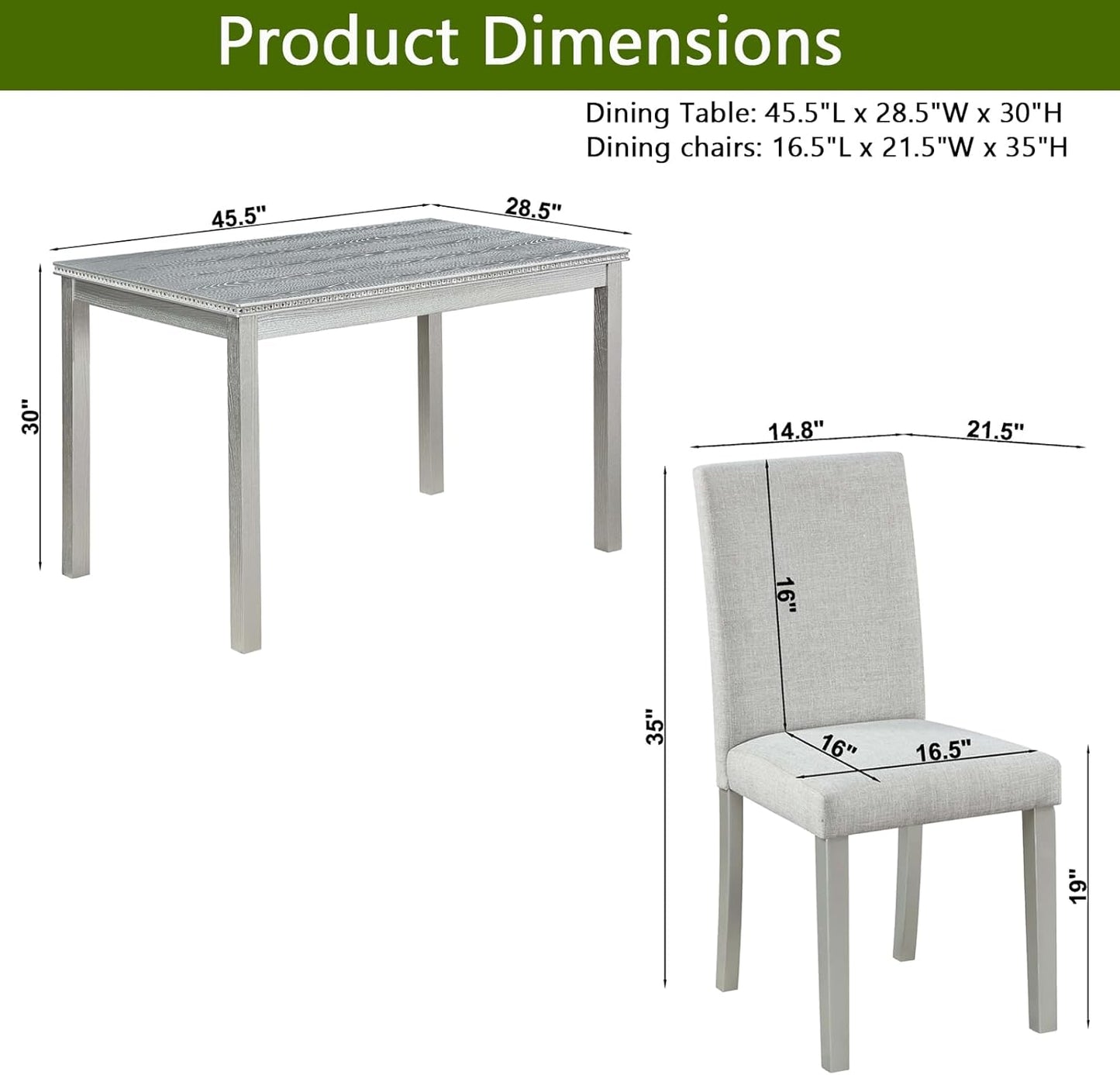 KEIKI 5-Piece Standard Height Dining Table Set with Rectangular Table and 4 Upholstered Chair, for 4 Person, Crystal Decoration Wooden Table Set, Easy Assembly, for Kitchen, Dining Room, Silver Grey