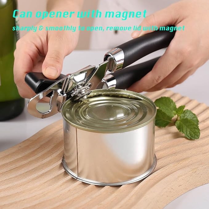 Manual Can Opener, Effortless Operation, Remove Lid with Magnet, 3 in 1 Bottle Opener & Milk Powder Opener, Soft Grip Handles, Easy to Turn, Heavy Duty Can Openers for Seniors - Black