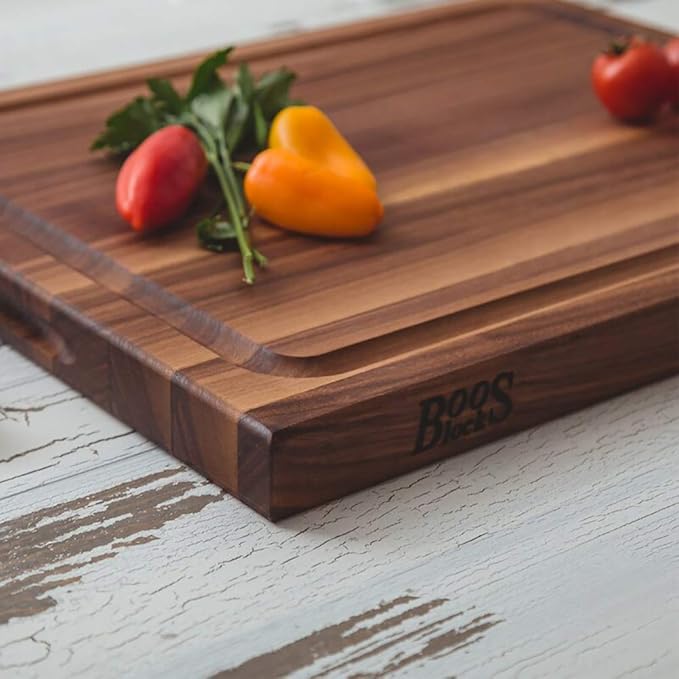 John Boos BBQ Series Rectangular Wooden Walnut Cutting Board 17”x21” – 1.5” Thick, 7-lb Reversible Butcher Block with Juice Groove, Edge-Grain, Finger Grips & Care & Maintenance Pack – Made in the USA
