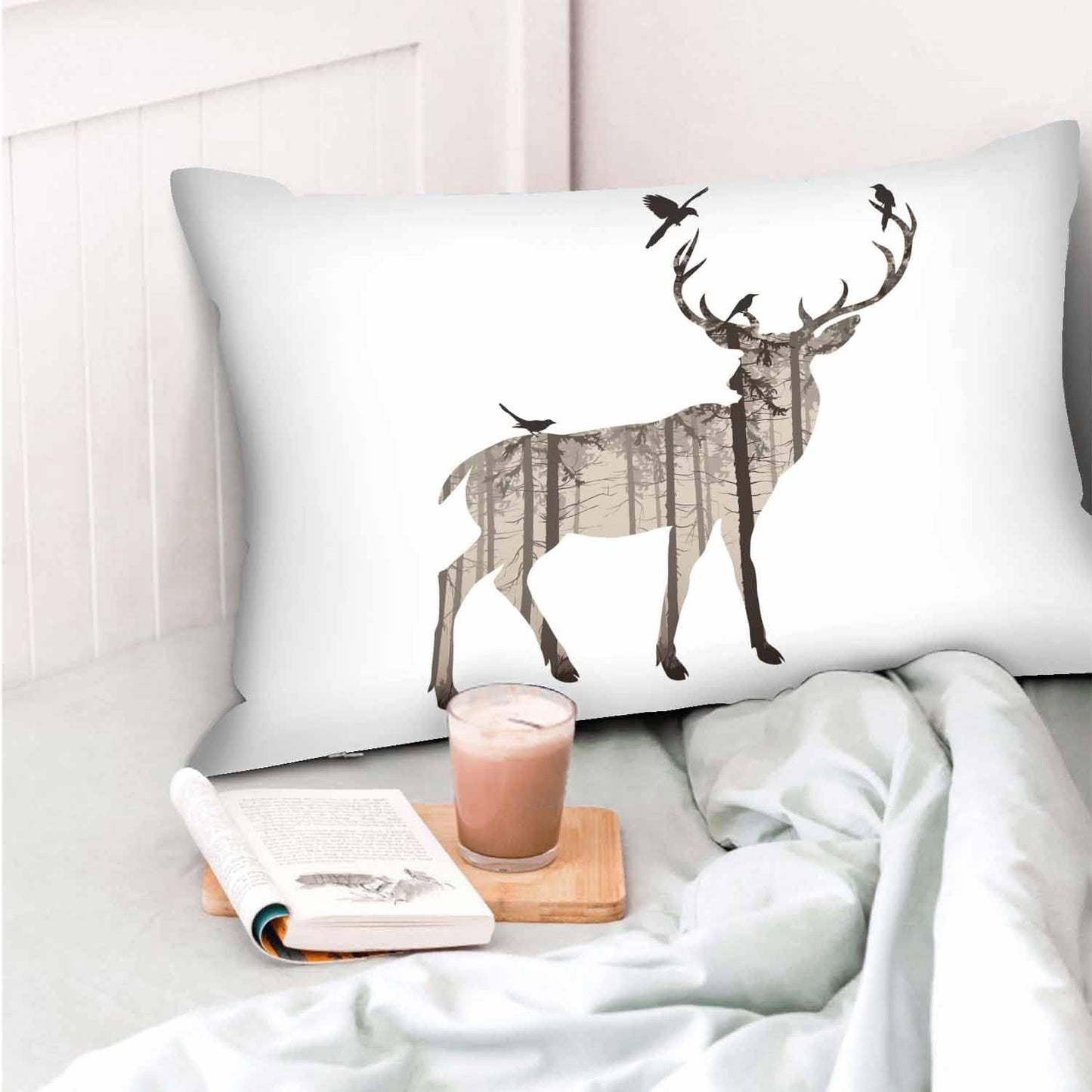 Mugod Rectangle Pillowcase Silhouette of Deer and Pine Bird,Standard Throw Cushion Cover for Bed Couch Sofa Office Decor 20x30 Inches
